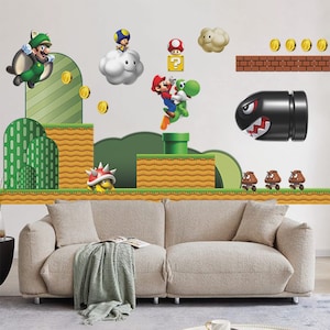 Adesivo da parete Super Mario Luigi Wall Art per camera da letto, decorazione da parete per sala giochi (2 set combinati)