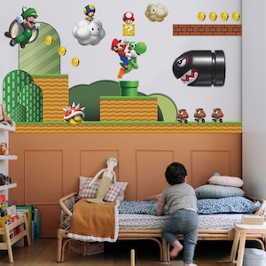 May include: A child's bedroom with a brown wall and a bed with a blue and white patterned duvet. The wall has a large Mario Brothers themed wall decal with characters like Mario, Luigi, and Bowser. The decal features a green and brown landscape with a question mark block, a pipe, and coins.