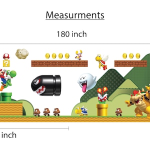 May include: A Super Mario Bros. themed wall decal featuring characters like Mario, Luigi, Bowser, and Peach. The decal is 90 inches wide and 50 inches tall, making it a large and eye-catching addition to any room.