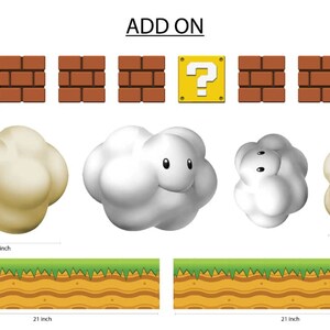 May include: A set of printable Mario-themed party decorations, including question blocks, brick blocks, clouds, and a ground level. The decorations are 4.3 inches tall and 21 inches wide.