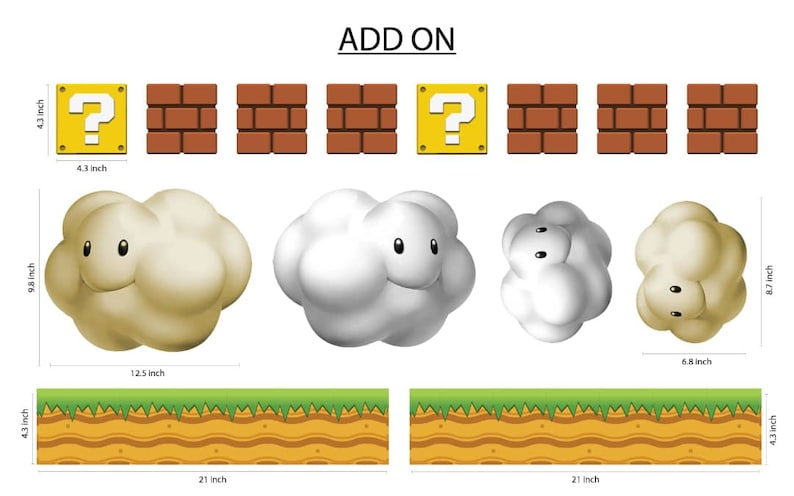 May include: A set of printable Mario-themed party decorations, including question blocks, brick blocks, clouds, and a ground level. The decorations are 4.3 inches tall and 21 inches wide.