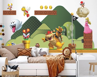 May include: A colorful wall decal featuring characters from the Super Mario Bros. video game series. The decal includes Bowser, Princess Peach, a Goomba, a Piranha Plant, and a cloud with a mushroom on top. The decal is set against a green and brown background with a brick wall and a pipe.