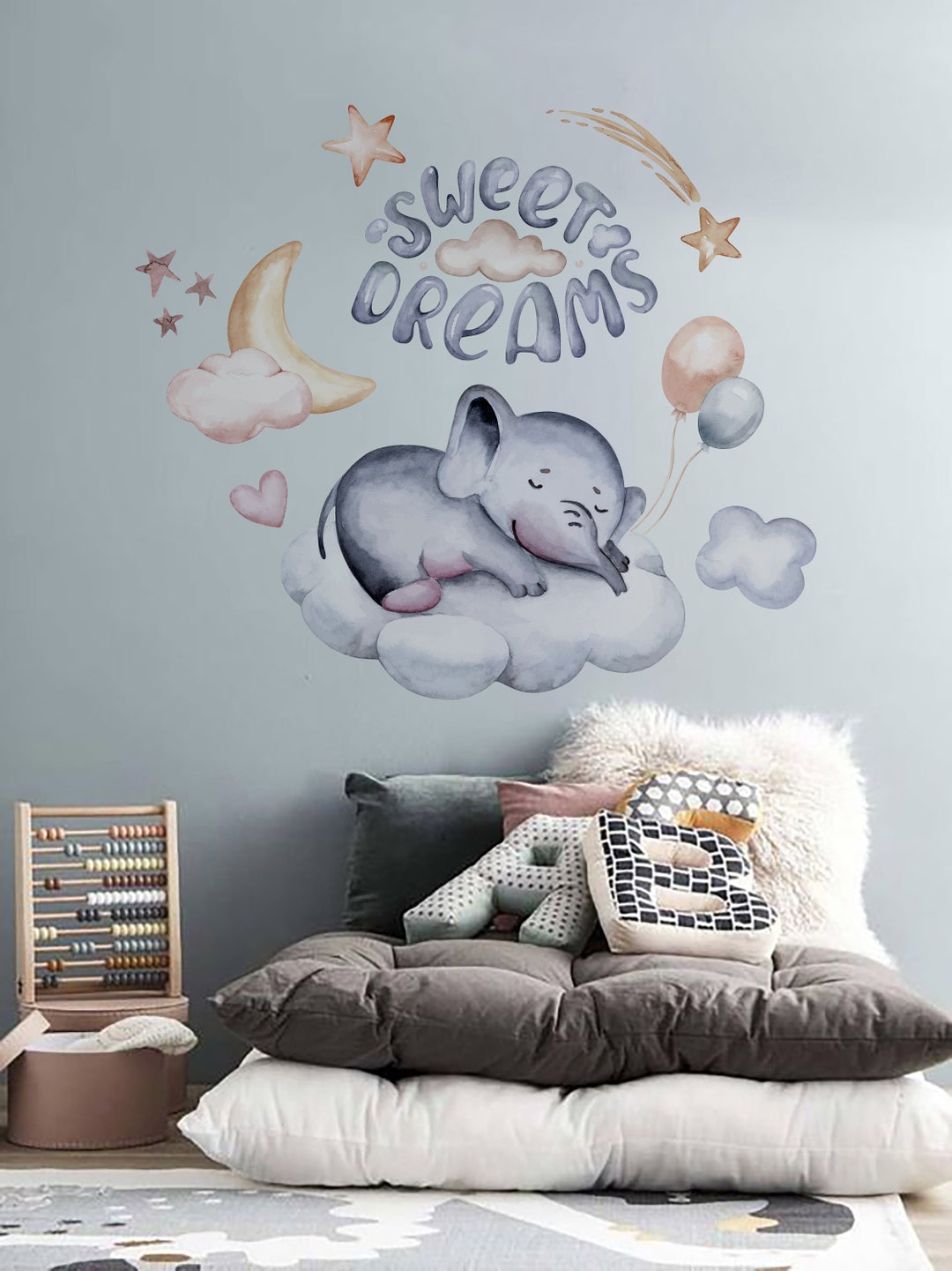 Peel and Stick Sleeping Elephant Wall Decal for Baby Room Decor Nursery ...