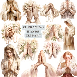 Illustrazioni Waterolor delle mani in preghiera / Mani in preghiera delle donne PNG / Clipart delle mani in preghiera della ragazza / Prodotto digitale di alta qualità