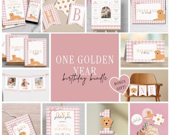 One Golden Year 1st Birthday Bundle, Pink Dog and Bows, Digital Download Templates