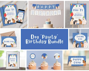 Dog Pawty Birthday Bundle, Colorful Fun Birthday Theme Set, Digital Templates