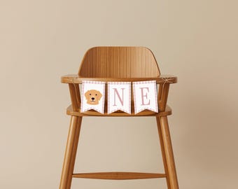 One Golden Year 1st Birthday High Chair Banner, Pink Dog and Bows, Digital Download Template
