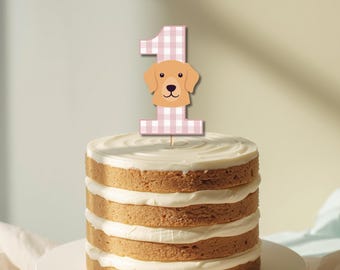 Topper na tort urodzinowy One Golden Year z różowym psem i kokardkami, do pobrania w wersji cyfrowej
