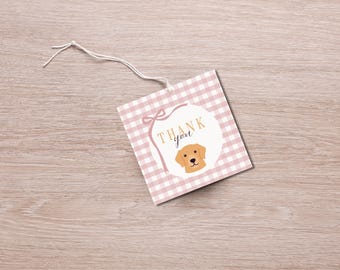 One Golden Year 1st Birthday Favor Tags, Pink Dog and Bows, Digital Download Template