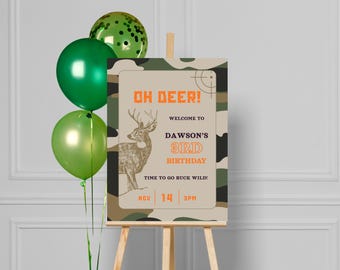 Jagd-Geburtstag-Willkommensschild, der Große, Camo Deer Jungen-Party-Dekor