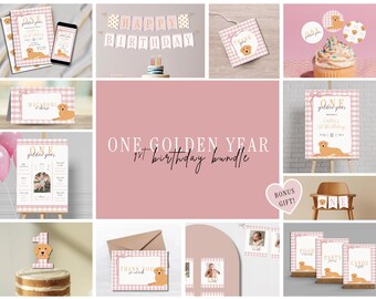 One Golden Year 1st Birthday Bundle, Pink Dog and Bows, Digital Download Templates
