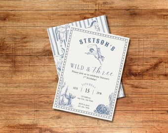 Blue Western Birthday Invitation Suite, First Rodeo, Wild & Three, Digital Download