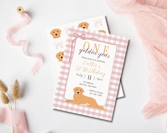 One Golden Year 1st Birthday Invitation Suite, Golden Retriever Party, Pink & Bows, Digital Download