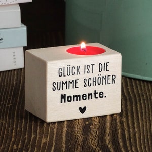 Tealight holder made of pine wood with the saying &quot;Happiness is the sum of beautiful moments&quot;