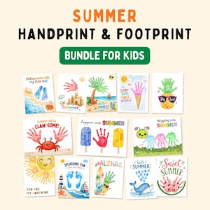 Set di biglietti con impronte di mani estive per bambini, attività in spiaggia stampabili con impronte di piedini per bambini in età prescolare, lavoretto facile per conservare un ricordo del bambino con le impronte delle mani