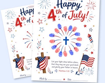 May include: Two identical white paper sheets featuring the text Happy 4th of July in blue and red. The design includes a central blue cross surrounded by red and blue fingerprint fireworks, a flag-draped cross, an American flag, and Matthew 5:16.