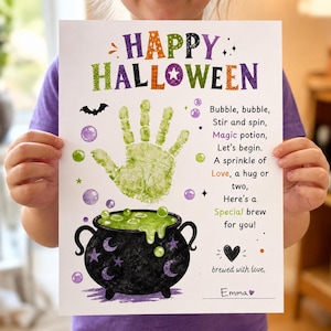 May include: A white rectangular poster with the text Happy Halloween in colorful letters. It features a green handprint above a black cauldron with bubbling green liquid, surrounded by purple bubbles, a bat, and a poem about a magic potion.