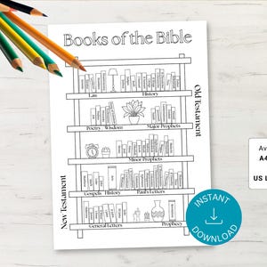 Books of the Bible Coloring Page – Printable Bible Bookshelf PDF (A4 & US Letter)