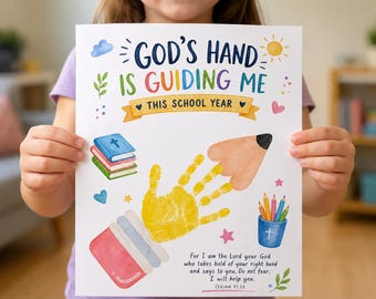 May include: A white poster featuring the text "God's Hand Is Guiding Me This School Year" in colorful letters. It includes a yellow handprint, a pencil, a stack of books, a cup of colored pencils, and the Bible verse Isaiah 41:13 in black text.