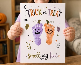 Halloweenpumpa Bus eller godis Fotavtryck Konst, Utskrivbart Barn Handavtryck Minnessake Kort, Förskola Småbarn Aktivitet PDF Enkelt Lättförberedande Pyssel