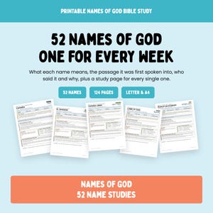 Può includere: Una guida allo studio biblico stampabile intitolata 52 Names of God One for Every Week, che comprende 124 pagine in formato Letter e A4. Il documento include cinque pagine di studio di esempio per nomi come Yahweh, El Shaddai, Yahweh Jireh, Lamb of God e Ruach Ha-Kodesh.