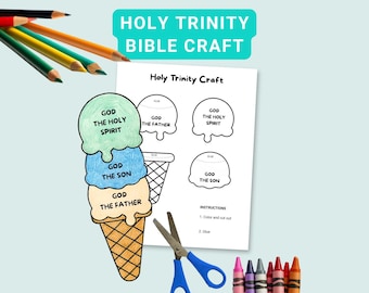Puede incluir: Una hoja de actividades manuales bíblicas sobre la Santísima Trinidad con una ilustración de un cono de helado con bolas etiquetadas como God the Holy Spirit, God the Son y God the Father. Incluye lápices de colores, tijeras y ceras.