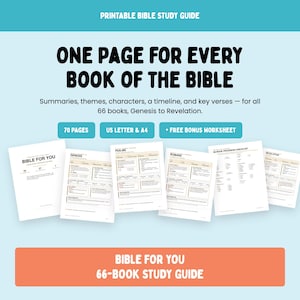 May include: A printable Bible study guide featuring 70 pages for 66 books from Genesis to Revelation. The document includes summaries, themes, characters, timelines, and key verses in US Letter and A4 formats with a free bonus worksheet included.