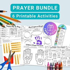 Puede incluir: Un paquete de seis actividades de oración imprimibles para niños, que incluyen páginas para colorear, manualidades y un marcapáginas. La imagen incluye lápices de colores, crayones y tijeras. El texto de la imagen dice "Prayer Bundle" y "6 Printable Activities."