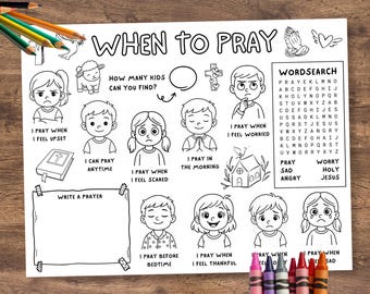 Christian Prayer Lesson For Kids, Printable Sunday School Craft Page, Bible Activity Sheet Placemat, Bible Coloring Page, How To Pray, VBS
