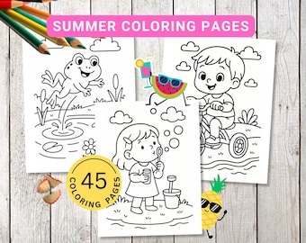 Dibujos para colorear de verano para niños, libro para colorear Kawaii imprimible, hojas de actividades de vacaciones para niños pequeños en edad preescolar, descarga digital.