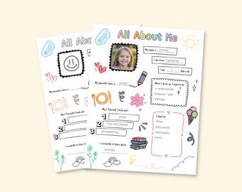 Back To School Worksheet Template, All About Me Questionnaire, First Day of School Sheet, Preschool Pre-K Printable Classroom Activity PDF