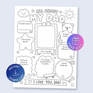 Op de afbeelding: Zwart-wit printbaar "All About My Dad" activiteitenvellen. Voorzien van invulvakken, een fotokader en decoratieve elementen zoals sterren, harten en een teddybeer. Bevat de zinnen "I love you, Dad!" en "Instant Download".