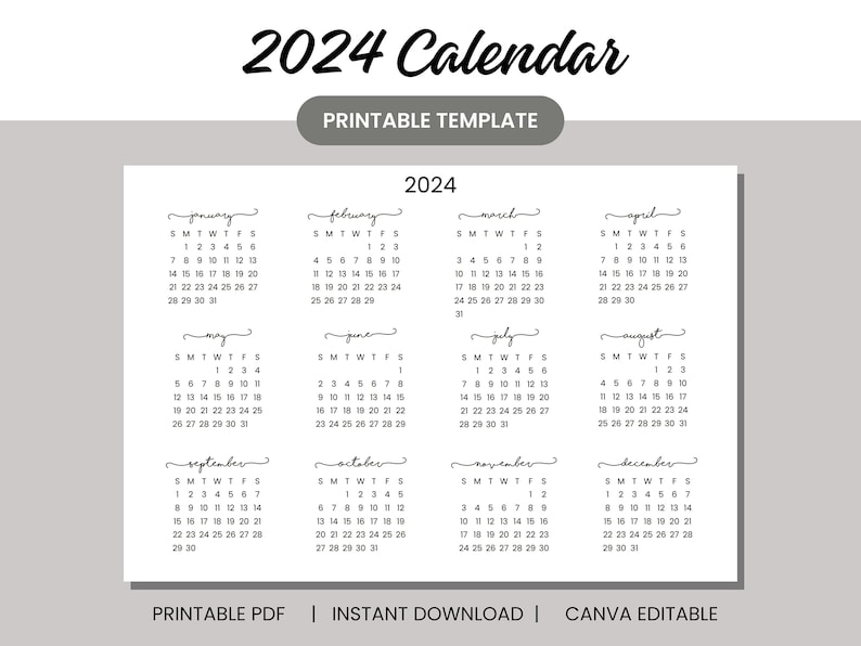 Printable 2024 Yearly & Monthly Calendar PDF Minimalist Calendar A4 ...