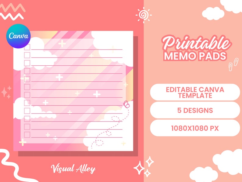 5 Printable Memo Pads Pink Theme Editable Canva Template Etsy