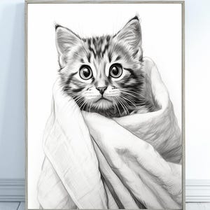 Süßes Katzen Poster – Kätzchen in Decke, Schwarz-Weiß Zeichnung, Digitales Wandbild, Geschenk für Katzenliebhaber, Tierkunst Druck