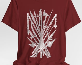 T-shirt a maniche corte in jersey unisex con armi medievali, guerra medievale