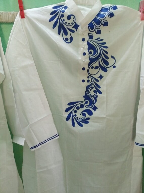 Pure Cotton Hand Paint White Punjabi Mens Kurta hand Painted Mens