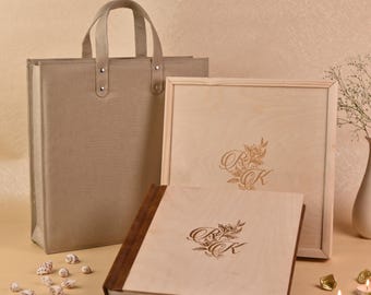 Elegant Handmade Wedding Photo Album with Wooden Cover and Keepsake Box Ultra Thick Pages Personalized Luxury Leather Bound Memory Book Gift