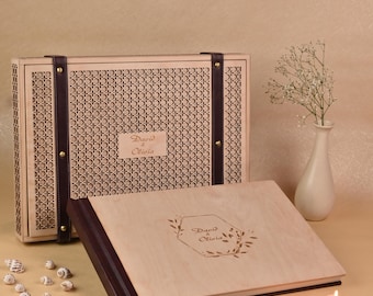 Custom Wooden Wedding Photo Album | Personalized Photo Book | Luxury Handmade Wedding Gift Set | Laser Cut Album | Ultra Thick Layflat Pages