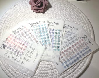 Laminated money envelopes with challenge | A6 | Envelope method | Savings challenge | Budgeting | €5, €10, 26 weeks | Saving | Frosty design