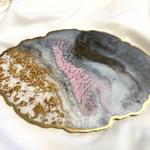 Decorative resin vanity tray, oval jewelry resin tray, jewelry organizer, marble pink white brown and gold.