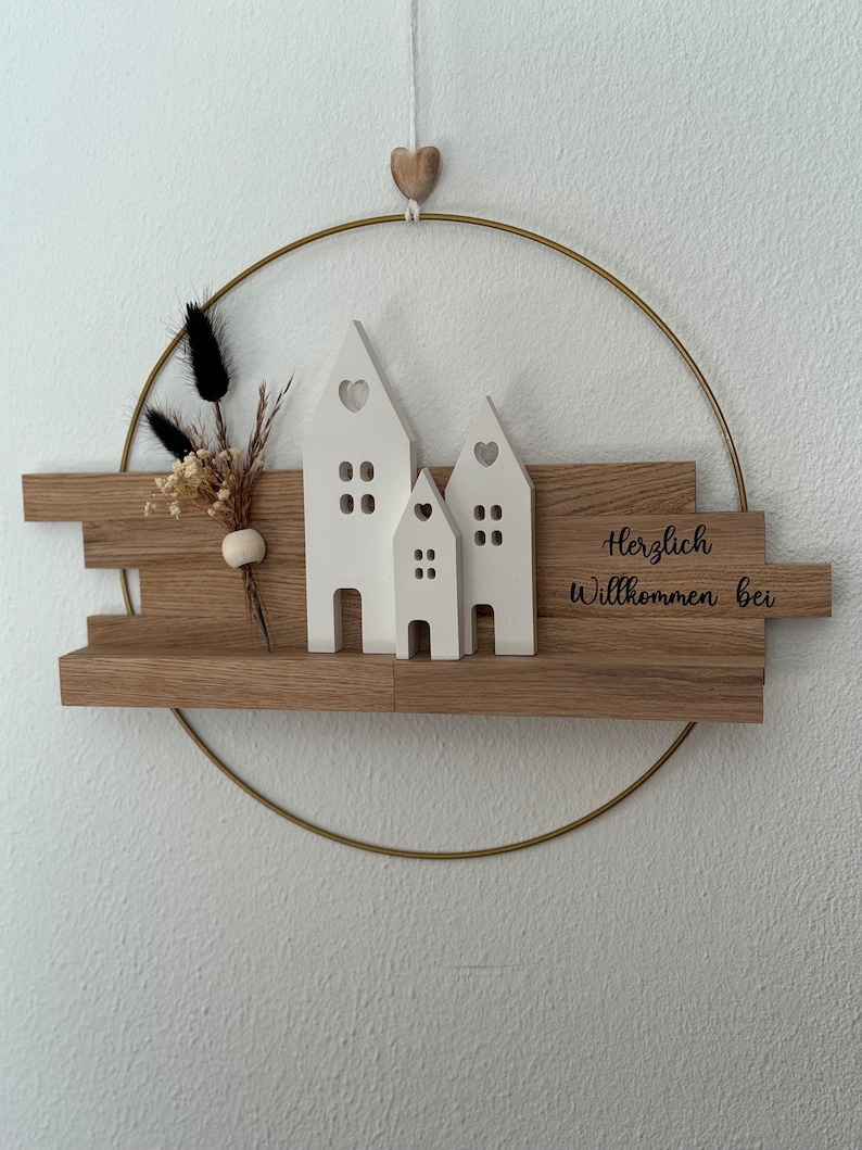 Türkranz Kranz Raysin Häuser Hochzeit personalisiert Geschenk Willkommen Schild Name Licht Türschild Umzug Einweihung Geburtstag Muttertag 3 Häuser ohne Licht