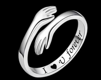 Sterling Silver Hug Ring: Adjustable Embrace, Love Symbol