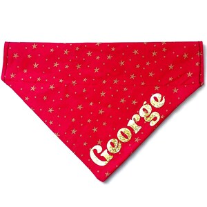 Personalized Christmas dog or cat bandana over the collar, Custom dog bandana, Red with gold stars, Dog scarf