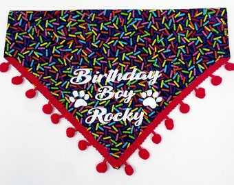 Dog Birthday Bandana, Girl Boy Birthday Dog Bandana, Reversible Over the Collar Customizable Dog Bandana with pom pom