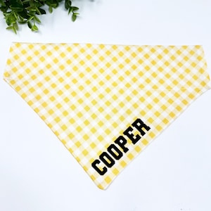 Over the Collar Yellow Check Dog Bandana, Blue Plaid Dog Bandana, Gingham Dog Scarf, Custom Dog name, Summer Dog Bandana