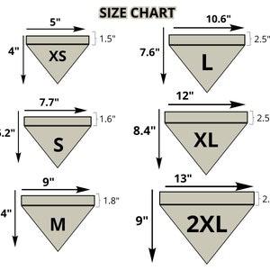 Op de afbeelding: Maattabel voor bandana's, met afmetingen in inches. Maten vari&euml;ren van XS tot 2XL, met afmetingen voor elk. De tabel bevat de breedte, hoogte en bovenrandlengte voor elke bandana-maat. De tekst "SIZE CHART" staat bovenaan.