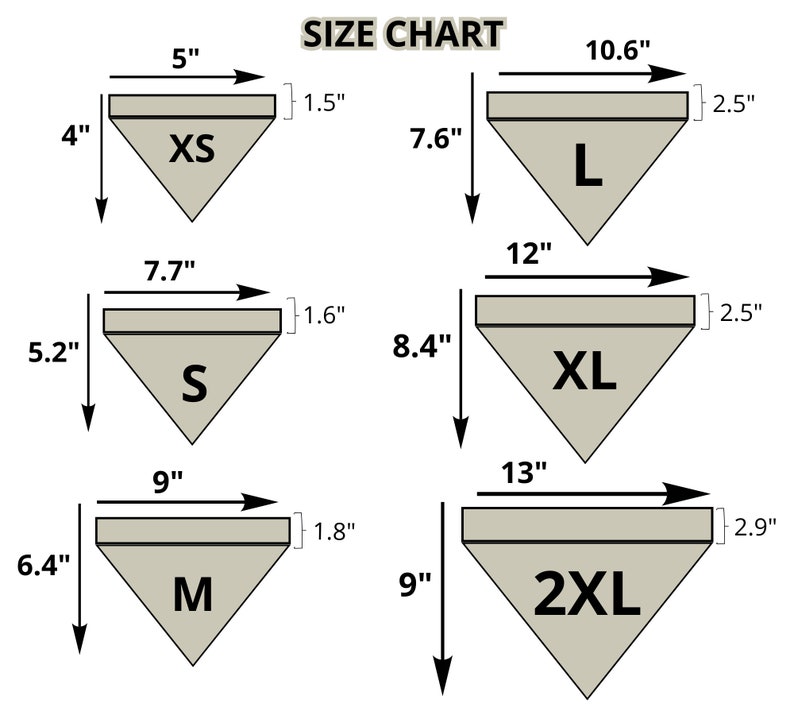 Op de afbeelding: Maattabel voor bandana's, met afmetingen in inches. Maten vari&euml;ren van XS tot 2XL, met afmetingen voor elk. De tabel bevat de breedte, hoogte en bovenrandlengte voor elke bandana-maat. De tekst "SIZE CHART" staat bovenaan.
