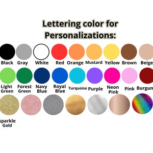 Op de afbeelding: Een kleurenkaart voor personalisatie van letters, met een verscheidenheid aan kleuren. De kaart bevat zwart, grijs, wit, rood, oranje, mosterd, geel, bruin, beige, lichtgroen, bosgroen, marineblauw, koningsblauw, turquoise, paars, neonroze, roze, bordeaux en glittergoud.