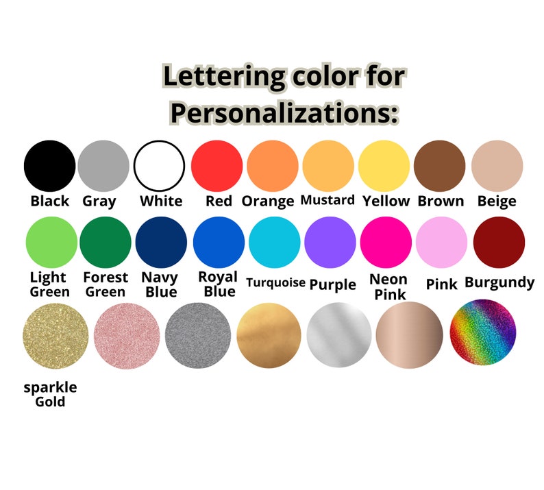 Op de afbeelding: Een kleurenkaart voor personalisatie van letters, met een verscheidenheid aan kleuren. De kaart bevat zwart, grijs, wit, rood, oranje, mosterd, geel, bruin, beige, lichtgroen, bosgroen, marineblauw, koningsblauw, turquoise, paars, neonroze, roze, bordeaux en glittergoud.